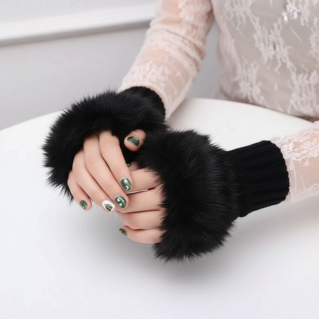 Women’s Faux Fur Fingerless Knitted Gloves | Warm Winter Hand Wrist Warmers | Soft, Stylish & Comfortable | Black