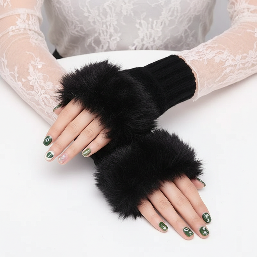 Women’s Faux Fur Fingerless Knitted Gloves | Warm Winter Hand Wrist Warmers | Soft, Stylish & Comfortable | Black